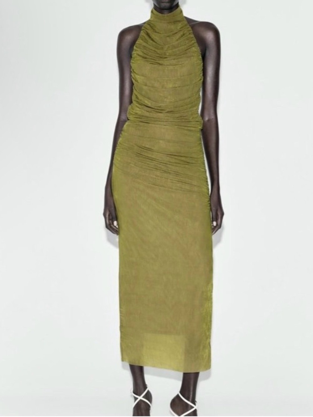 Zara Olive Halter Ruched Midi Dress
